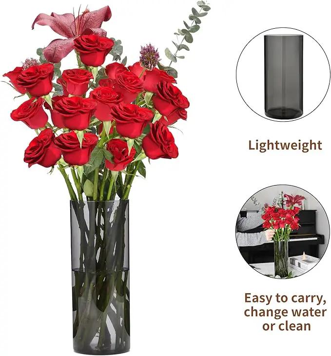 Flower Vase, Non-breakable Vases, 4" W x 8" H, Acrylic Grey Vase, Aesthetic Room Decor Cylindrical Modern Flower Vases for Table Centerpiece, Home Decor, Women Floral Arrangement Gift by GreenHaven Gardens