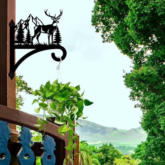 peacoblue Iron Plant Hanger Hook for Outdoor Indoor Hanging Plant Flower Fern Pots Lantern Bird Feeder,12"x15.4" Weather Resistant Metal Wall Holder for Porch Garden Farmhouse(Deer and Forest) by GreenHaven Gardens