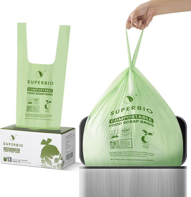 SUPERBIO 13 Gallon Compostable Kitchen Waste Bags with Handles, Food Scrap Bags Certified by BPI, OK compost INDUSTRIAL, 30 Count, 49.2L by GreenHaven Gardens