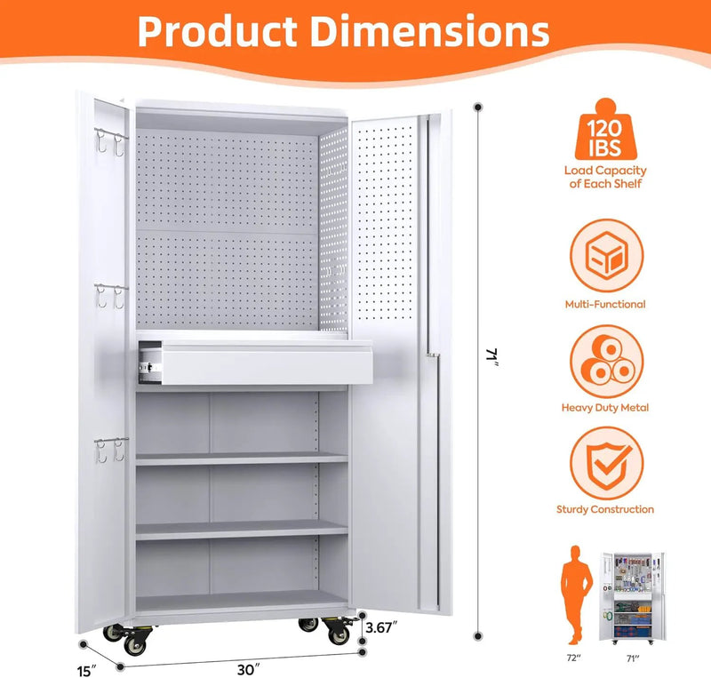 Aobabo Metal Storage Cabinet with Wheels and 1 Interior Drawer, Steel Rolling Tool Cabinet with 16 Hooks and 2 Adjustable Shelves for Garage, Home, Office, Kitchen Assembly Required, White by GreenHaven Gardens
