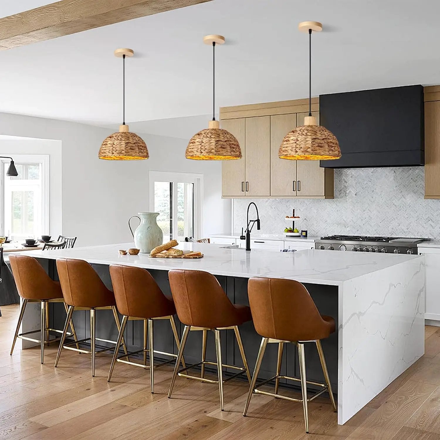 Boho Pendant Lights Kitchen Island, 11.8" Hand-Woven Rattan Light Fixture Bohemian Lighting Farmhouse Seagrass Weaving Hanging Ceiling Light Chandelier for Living Dining Room Restaurants by GreenHaven Gardens