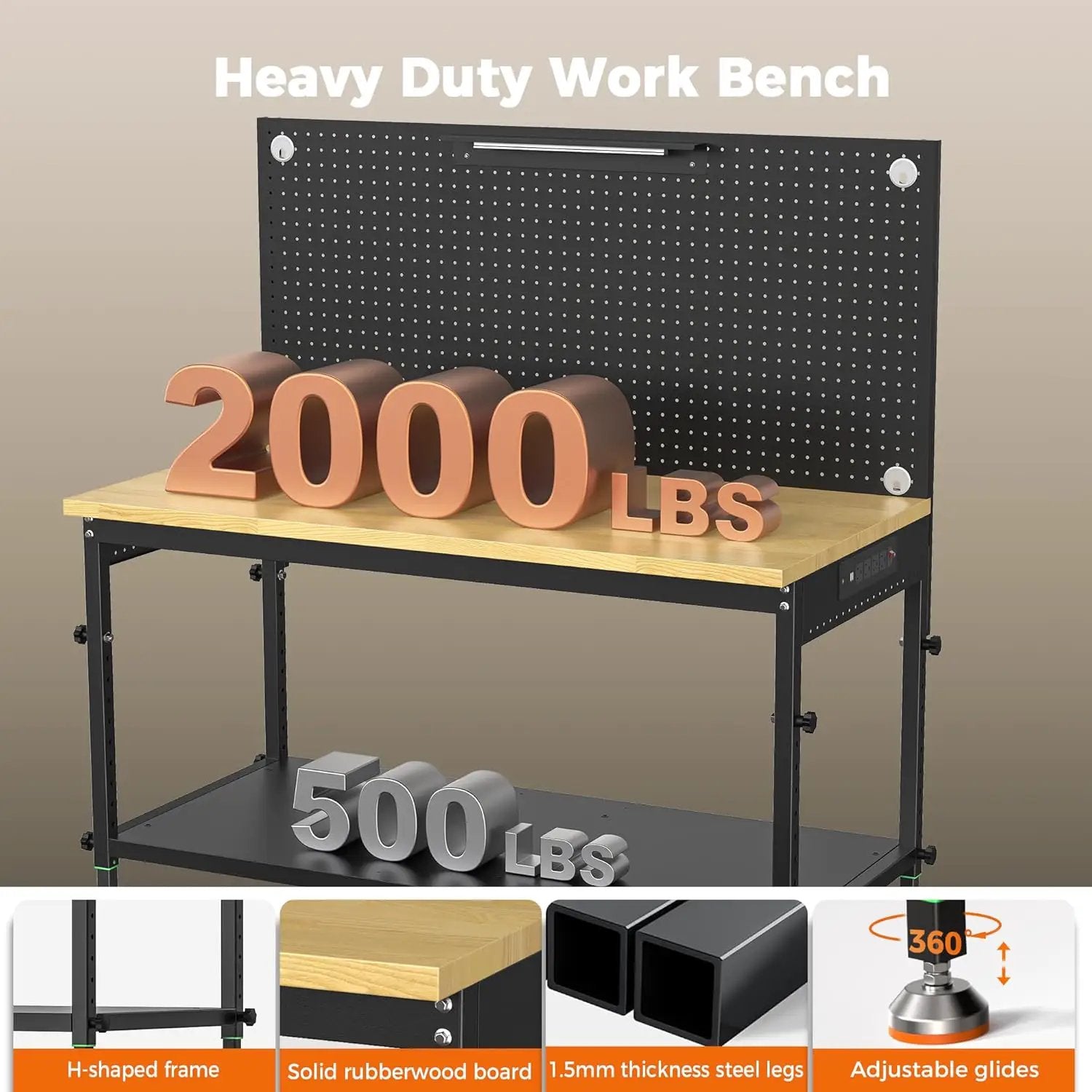 48" Heavy Duty Work Bench Adjustable Height Max Load 2000 LBS with Storage Shelf for Garage Workbench, Rubberwood Tabletop with Pegboard, LED Light, Built-in Power Strip for Woodworking Shop by GreenHaven Gardens