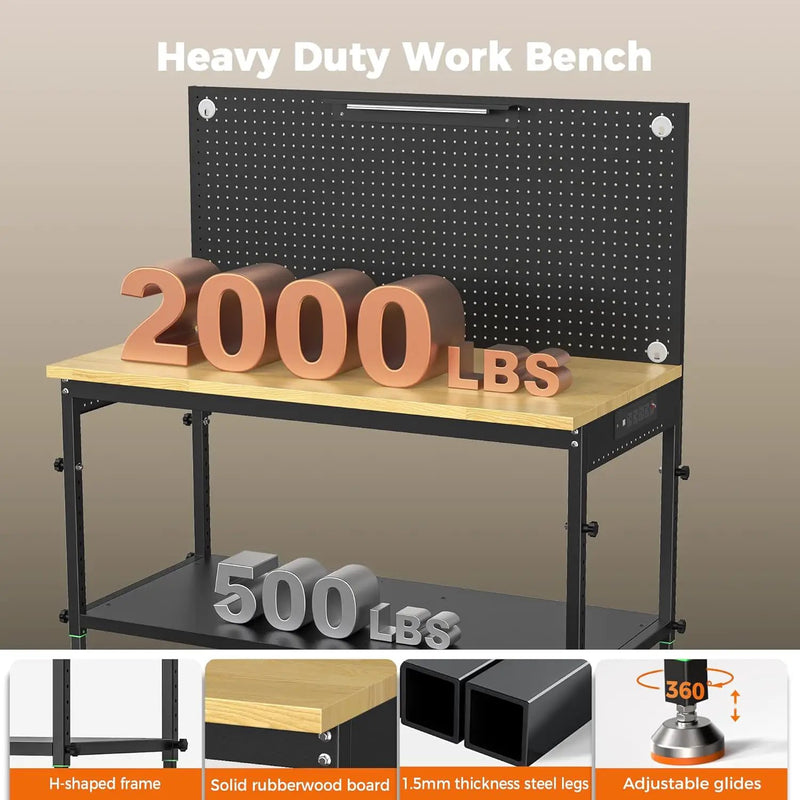 48" Heavy Duty Work Bench Adjustable Height Max Load 2000 LBS with Storage Shelf for Garage Workbench, Rubberwood Tabletop with Pegboard, LED Light, Built-in Power Strip for Woodworking Shop by GreenHaven Gardens