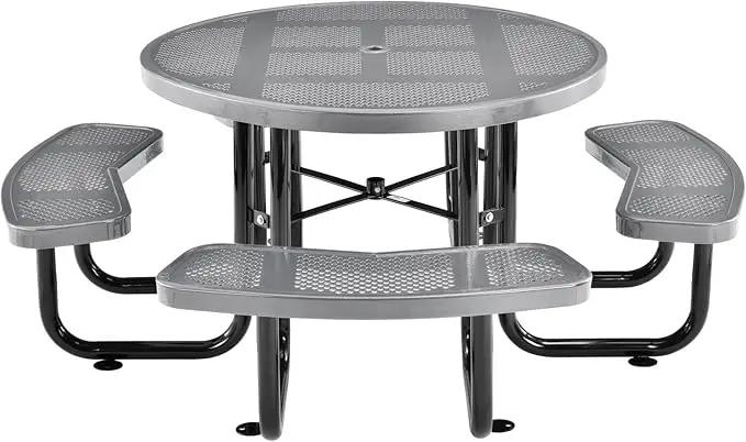 Global Industrial 46" Round Picnic Table, Perforated Metal, Thermoplastic Coating, Attached Benches, 1-1/2” Umbrella Pole Hole, Outdoor-Rated, 1000 lbs Capacity, Gray by GreenHaven Gardens