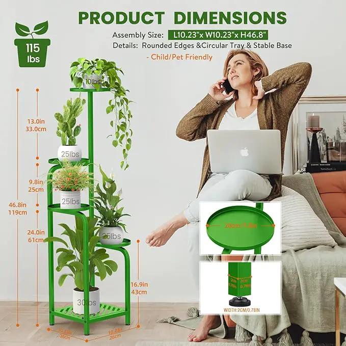 TOSKING 5 Tier Tall Plant Stand Indoor Outdoor, Heavy Duty Corner Shelf for Plants & Decor, Space Saving 3.9FT Metal Flower Pot Stand for Balcony, Garden, Living Room, Patio (Green) by GreenHaven Gardens