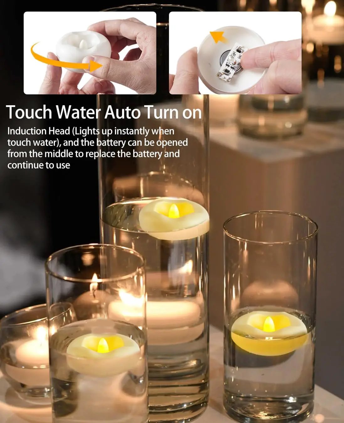 12x 2”Floating Candle, 200 Hour Water Activated Warm White Battery Powered Flameless LED Floating Candle Floating for centerpieces/Bathtub/Pool/Fountain by GreenHaven Gardens