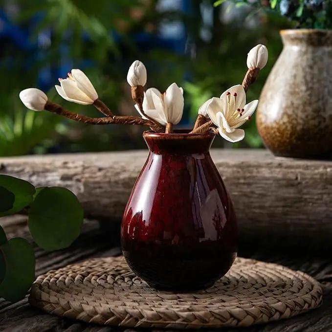 JOJUNO Glazed Rustic Bud Vase Set of 4 - Small Ceramic Mini Pottery Vases in White, Yellow, Green, Red - Ideal for Fresh & Dried Flowers - Modern Farmhouse Décor for Living Room, Shelves, Dining Table by GreenHaven Gardens