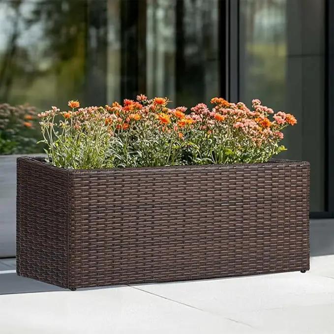 LEWIS&WAYNE Large Rectangular Block Planter Box Handmade Wicker Tall Planters for Outdoor Plants with Removable Liners Modern Planter for Indoor Outdoor Patio Deck - Brown, 30''x12''x16'' by GreenHaven Gardens