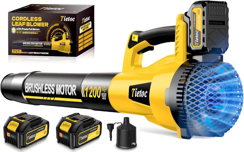 Tietoc Leaf Blower Cordless, 735CFM/200MPH Brushless Electric Leaf Blower with 2 X 5.0Ah Battery, 6 Speed Levels, 2 Extended Tube and Nozzles, Powerful Leaf Blowers for Garden, Lawn Care (Yellow) by GreenHaven Gardens