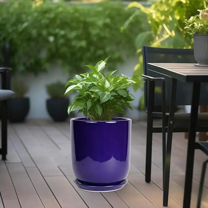 10 Inch Plant Pot - Ceramic Pot for Indoor Plants Large Planter Modern Outdoor Flower Pot with Drainage Hole and Saucer for Home Patio Decor Blue by GreenHaven Gardens