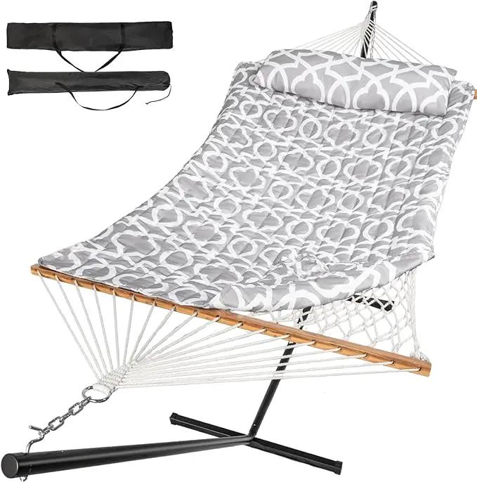 2 Person Outdoor Hammock with Stand, Cotton Rope Hammock with Polyester Pad, Adjustable Steel Frame, Portable with Carrying Bag – for Patio, Backyard, Garden, Beach, Cloud-Gray by GreenHaven Gardens