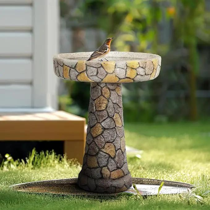 SKYFIRE Stone Like Outdoor Bird Bath - Concrete Freestanding Patio Birdbath with Pedestal for Garden, Patio, Yard, Lawn - 18.8”L X 18.8”W X 24”H Rustic Faux Stone Pedestal Outdoor Garden Birdbaths by GreenHaven Gardens