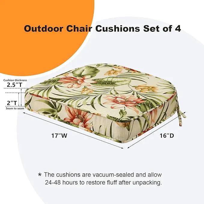 Round Corner Seat Cushions, 17" x 16" x 2", Set of 4, Indoor Outdoor Water Repellent Universal Chair Pads with Ties for Patio Furniture, Garden Deck Dining Chairs, Leaf and Flower by GreenHaven Gardens
