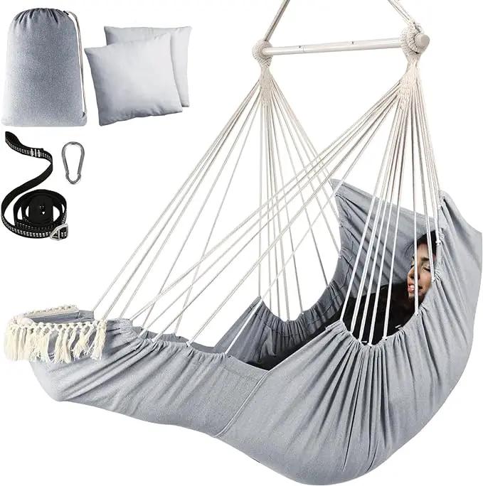 Chihee Hammock Chair Hanging Chair with Foot Rest 2 Cushions Max 500lbs Robust Metal Spreader Bar Collapsible Easy Storage Soft Cotton Swing Chair Strong Strap Iron Carabiner Side Pocket Included by GreenHaven Gardens