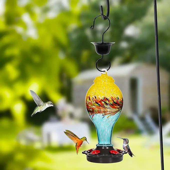LUJII Hand Blown Glass Hummingbird Feeder for Outdoors with Ant Moat, Leak Proof & Rustproof, 25 fl.oz, Metal Base Cover with 5 Feeding Ports & Perches, Glass Art for Garden Decor (Blue Mixed Yellow) by GreenHaven Gardens