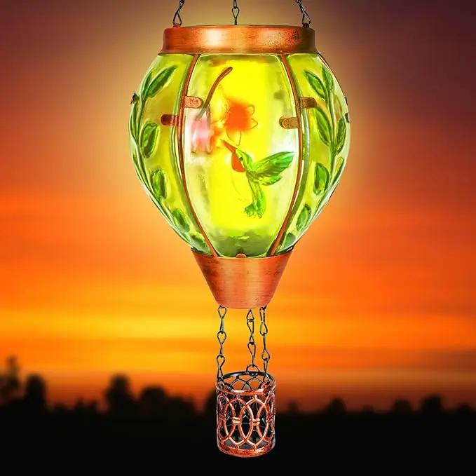 2 Pack Solar Hot Air Balloon Lantern with Flame，Hummingbird Outdoor Solar Lanterns for Outside Garden Yard Farmhouse Patio Pathway Decoration, Hummingbird Gifts for Women Grandma Mom - Hummingbird by GreenHaven Gardens