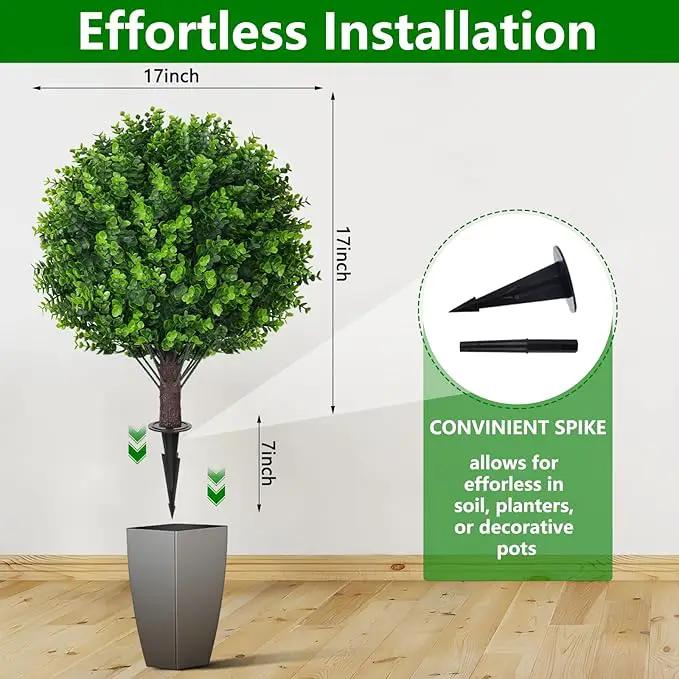 Artificial Eucalyptus Topiary Ball Trees with Ground Spike, Set of 2 UV Resistant Artificial Shrubs, Fake Evergreen Artificial Plant Bushes for Indoor Outdoor Front Porch Garden by GreenHaven Gardens
