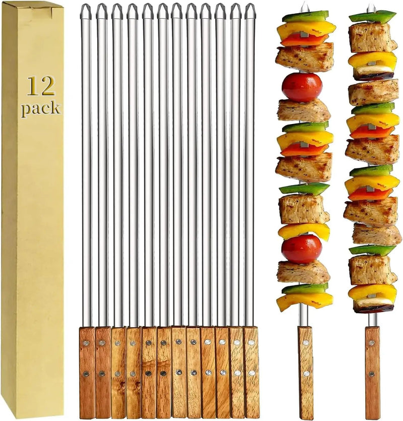12 Pack Kebab Skewers BBQ Barbecue Skewers Stainless Steel Flat Sticks 22 Inch Heavy Duty Large Wide Reusable with Nonslip Wooden Handle Ideal for Shish Kabob Chicken Shrimp and Vegetables by GreenHaven Gardens