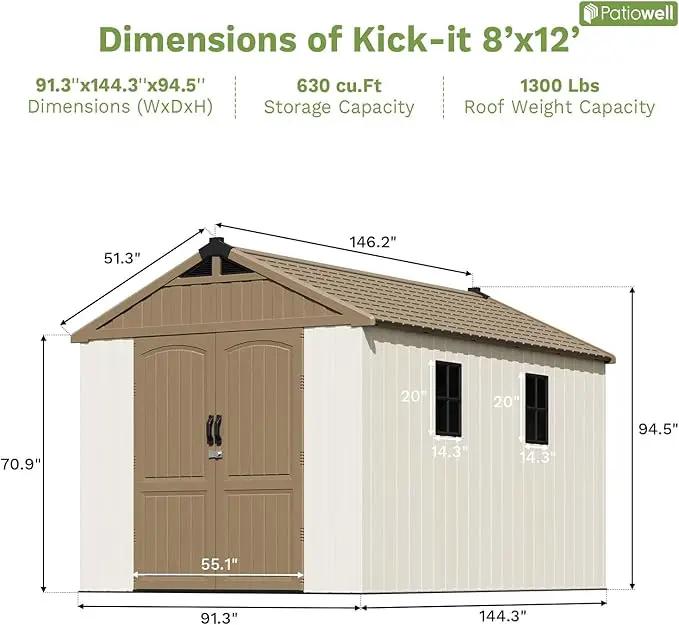 Patiowell 8 x 12 FT Plastic Outdoor Storage Shed with Floor, Resin Shed with Window and Lockable Door for Garden, Backyard, Tool Storage Use, Easy to Install in Brown (Kick-it Shed) by GreenHaven Gardens