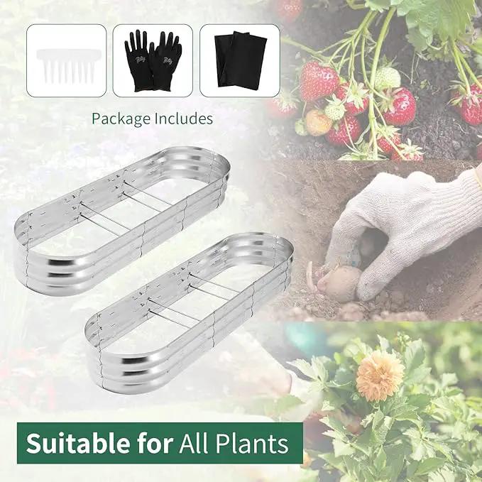 POTEY Galvanized Raised Garden Bed 2Pcs, Metal Planter Boxes Outdoor for Vegetables Flowers Herb, Oval Large Planter Raised Beds Kit with Weed Barrier Fabric and Soil Ventilation Holes (5.7L*1.7W FT) by GreenHaven Gardens