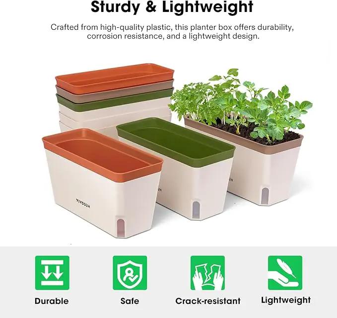 VIVOSUN Self-Watering Planters, 6-Pack 10.5 Inch Compact Rectangular Window Herb Planter Box with 10 PCS Plant Labels, Plant Container for Basil, Flowers, Succulents, Indoor & Outdoor by GreenHaven Gardens