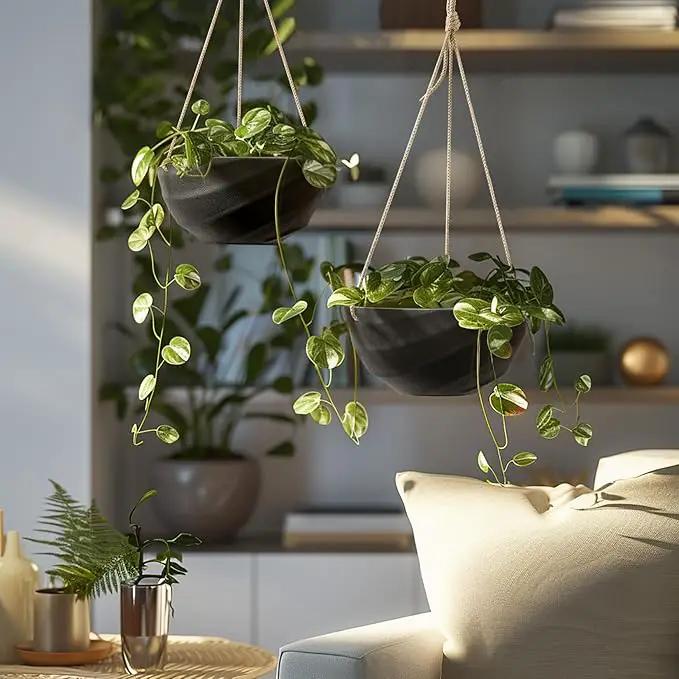 La Jolie Maison 10 Inch Hanging Planters for Indoor Plants, Outdoor Garden Planter Pots with Self-Watering Tray, Jet Black, Spiral Pattern, Set of 2 by GreenHaven Gardens