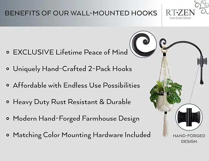 RTZEN Plant Hangers Outdoor or Indoor - Wrought Iron Metal Hanger Indoor Hook - Heavy Duty Wall Bracket Hooks for Hanging Plants Baskets Lanterns Wind Chimes - 2 Pack (Black Axe-Shape Hooks) by GreenHaven Gardens