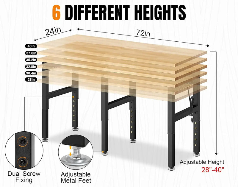 MUWOOD 72” Adjustable Height Workbench, 5000 LBS Heavy Duty Table Rubber Wood Workstation with Power Outlet & Pegboard for Garage, Office, Workshop, Home,Commercial by GreenHaven Gardens