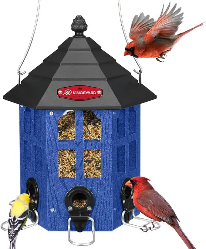 Kingsyard Wild Bird Feeder for Outdoor Hanging, Recycled Plastic Bird Feeders with 6 Ports & U-Shape Perch, Garden Yard Outside Decoration, 3.5 lbs Seed Capacity, Blue by GreenHaven Gardens