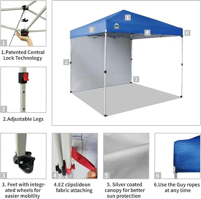 CROWN SHADES 8x8 Pop Up Canopy with 1 Side Wall - Beach Tent with One Push Setup - Outdoor Sun Shade for Events, Parties, Camping - Gazebo with STO-N-Go Cover Bag (Blue) by GreenHaven Gardens