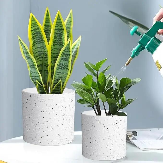 8/7/6 inch Flower Pots, 3 Set Cylindrical Plant Pots for Outdoor Indoor Plants, Decorative Plastic Planters with Drainage Holes and Saucers for Garden House Plants, White with Black Speckles by GreenHaven Gardens