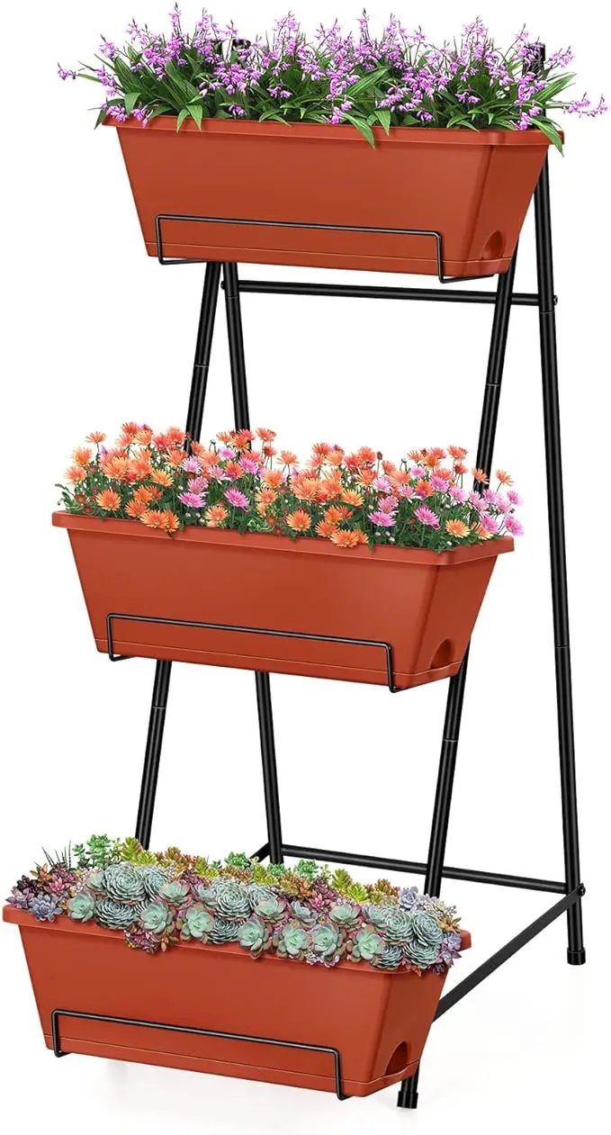 Vertical Raised Garden Bed Outdoor 3 Tiered Garden Planters Standing Elevated Planter Box with Drainage Holes for Plants Herbs Flowers Vegetables Brick Red by GreenHaven Gardens