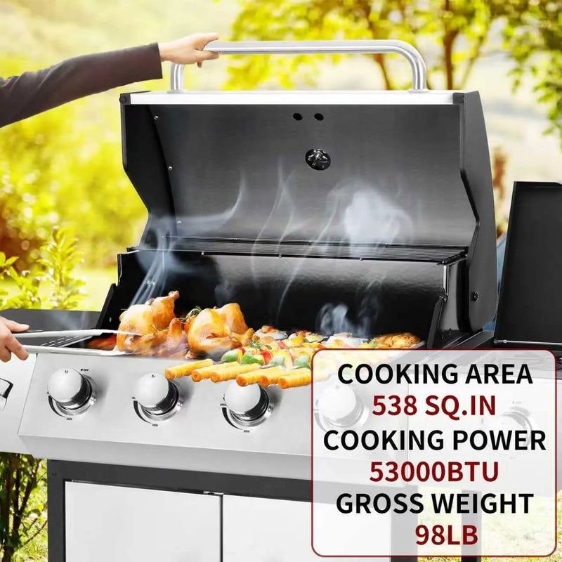 4-Burner Propane Gas BBQ Grill with Side Burner, 53,000 BTU Output with Enameled Cast Iron Grates for Patio Garden Barbecue, Stainless Steel by GreenHaven Gardens