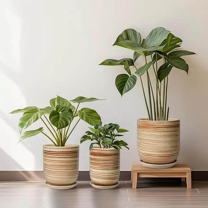 8 Inch Plant Pot, Ceramic Planter for Outdoor Plants, Large Plant Pot Indoor with Drainage Hole and Saucer, Modern Flower Pot for Home Garden Decor Yellow by GreenHaven Gardens