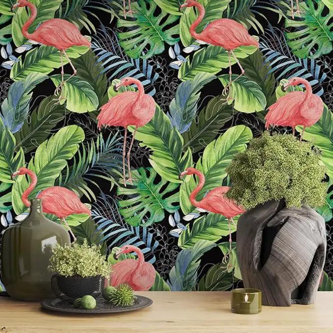 Hawaii Tropical Flamingo Palm Tree Peel and Stick Wallpaper Self Adhesive Removable Easy Peel Off Stick on Wall Paper for Bedroom Cabinet Renter by GreenHaven Gardens