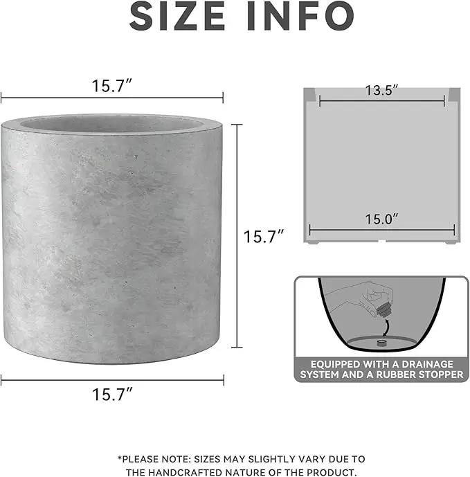 Kante 15.7" Dia Round Concrete Planter, Modern Style Large Cylindrical Plant Pot with Drainage Hole and Rubber Plug for Indoor Outdoor Patio, Natural Concrete by GreenHaven Gardens