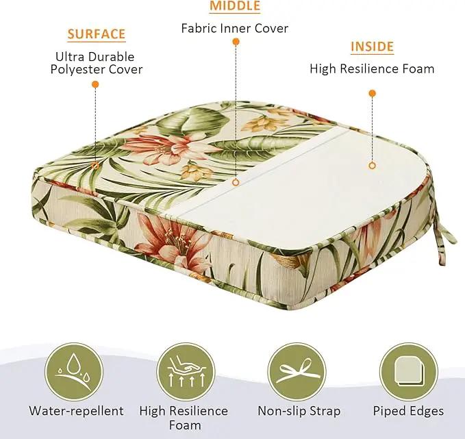 Round Corner Seat Cushions, 17" x 16" x 2", Set of 4, Indoor Outdoor Water Repellent Universal Chair Pads with Ties for Patio Furniture, Garden Deck Dining Chairs, Leaf and Flower by GreenHaven Gardens