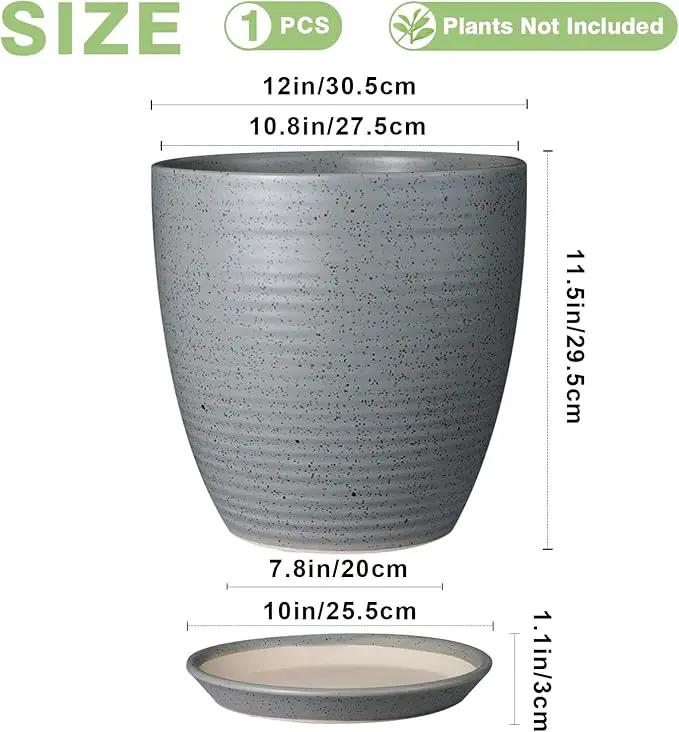 12 Inch Plant Pot, Ceramic Planter Pot with Drainage Hole and Saucer Round Large Flower Pot for Indoor Plants, Light Gray by GreenHaven Gardens