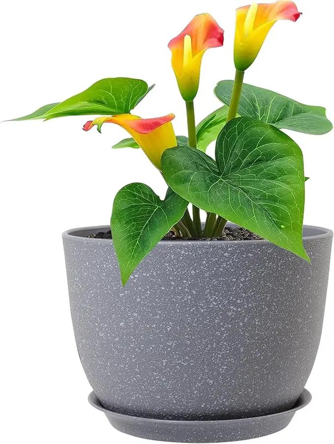 Plant Pots 12 inch, Plastic Planters with Drainage Holes and Saucers, Large Flower Pots for Indoor Outdoor Plants, Modern Decorative Pots for Garden House Plants, Speckled Grey by GreenHaven Gardens