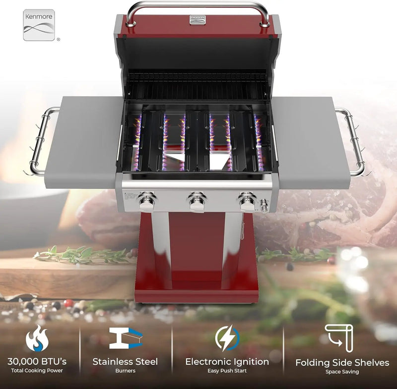 Kenmore 3-Burner Outdoor BBQ Grill | Liquid Propane Barbecue Gas Grill with Folding Sides, PG-A4030400LD-RD, Pedestal Grill with Wheels, 30000 BTU, Red by GreenHaven Gardens