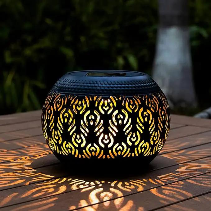 Solar Table Light Outdoor Waterproof- Solar Powered LED Lamp Hollowed-Out Black Peacock Feather Metal Desktop Decorative Lantern for Indoor Desk Bedroom Patio Garden Pathway Yard by GreenHaven Gardens
