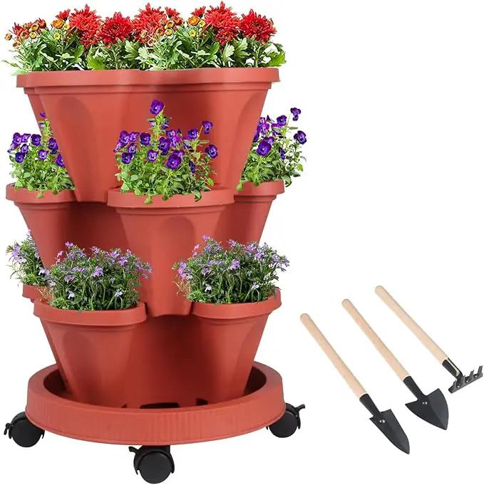 Vertical Planter 3 Tier Stackable Planters Garden Planters Strawberry Herb Flower and Vegetable Planter Indoor Outdoor Gardening Pots with Removable Wheels and Tools by GreenHaven Gardens