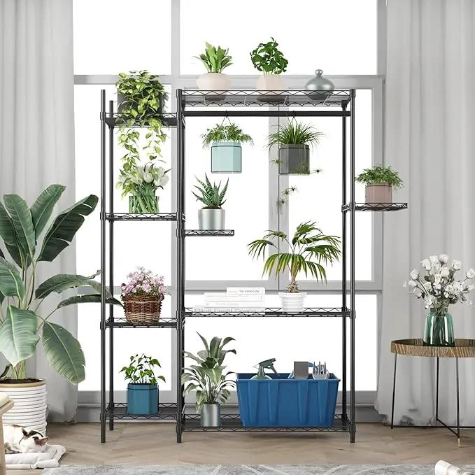 Xiofio Plant Stands for for Indoor Outdoor, Heavy Duty Metal Plant Stand,large Plant Shelf,Adjustable Plant Shelves With Hanging Rod for Living Room,Balcony,Garden,Black by GreenHaven Gardens