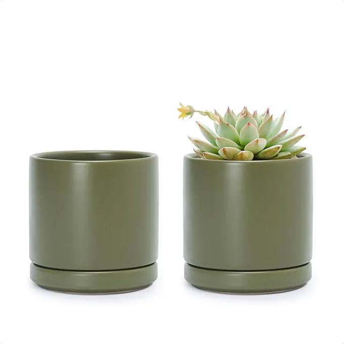 D'vine Dev Set of 2 Plants Pots, 3.5 Inch Ceramic Planter Pot for Plants with Drainage Hole and Saucer, Olive, 94-V-A-J by GreenHaven Gardens