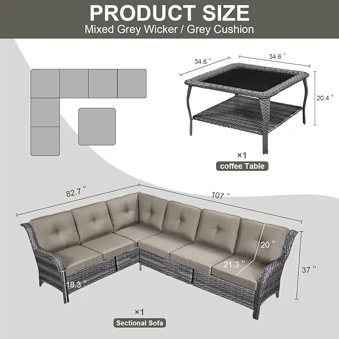 Outdoor Furniture Sectional Sofa L Shaped Couch - Patio Wicker Furniture Set with Coffee Table, 3 Piece Rattan Patio Conversation Sets with Gray Cushion for Deck Backyard Sunroom by GreenHaven Gardens