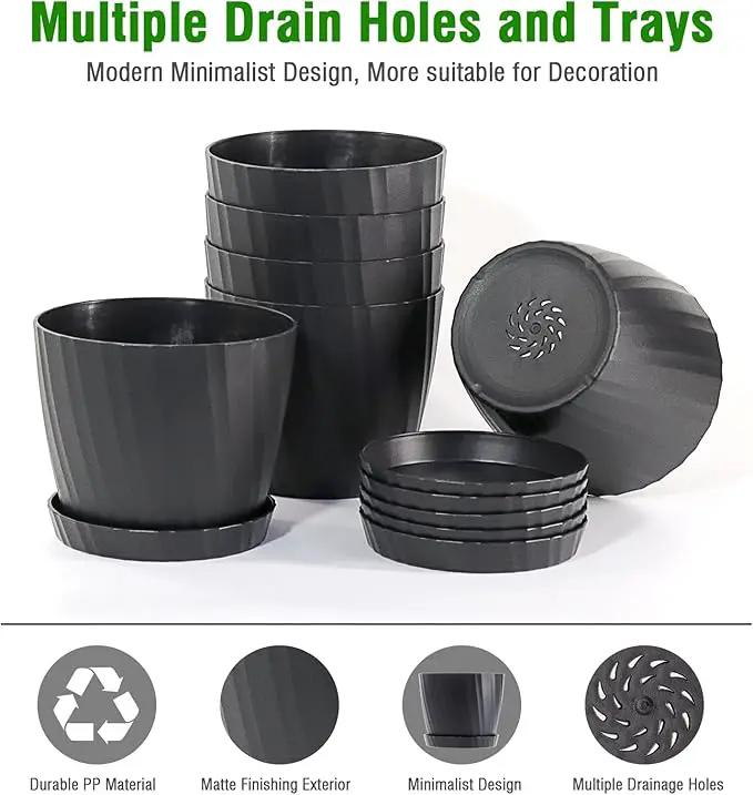 6 Inch Plant Pots Bulk, 6 Pack Plastic Planters with Drainage Holes and Saucers for Indoor Outdoor House Plants and Flowers, Black by GreenHaven Gardens