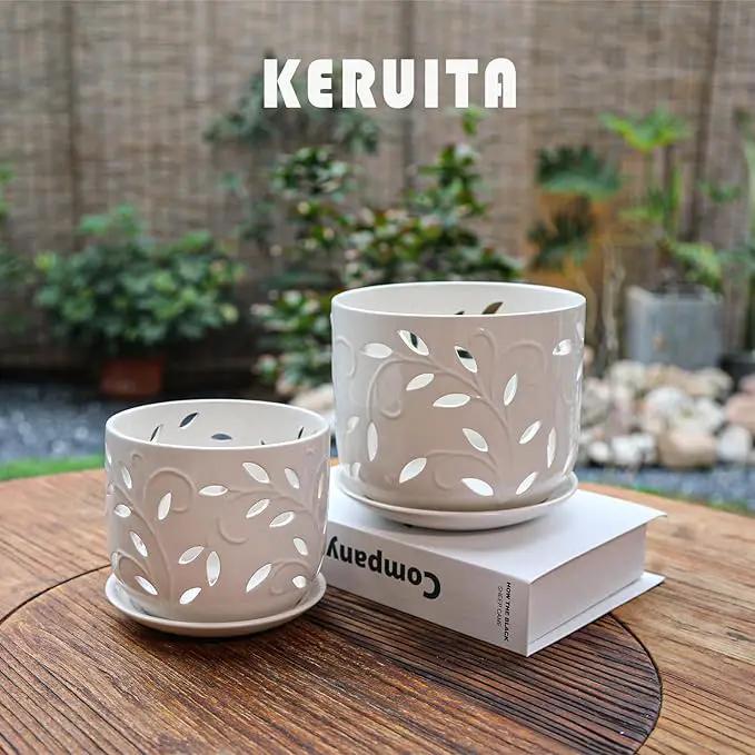 KERUITA Orchid Pots with Holes,6 inch + 5 inch Ceramic Planters Set of 2 with 2 Bottom Tray, Enhanced Drainage and Ventilation,White Flower Pots for Indoor/Outdoor Plants for Repotting by GreenHaven Gardens
