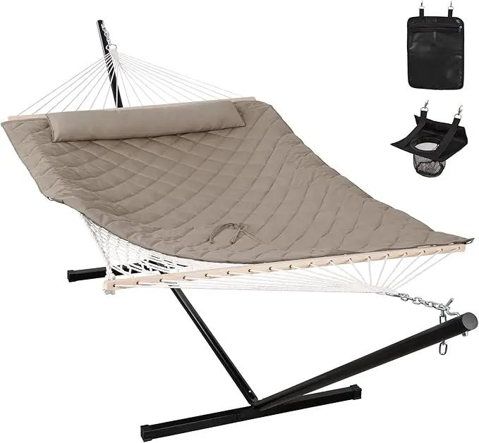 ANOW 2 Person Hammock with 12FT Heavy Duty Steel Stand, Double Rope Hammock with Detachable Pillow and Pad for Outdoors Indoors, 450 LBS Weight Capacity, Light Brown by GreenHaven Gardens