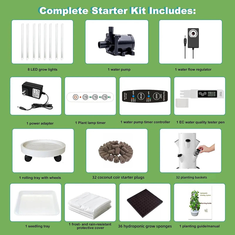 Hydroponic Growing System Kit with LED Grow Lights, Vertical Hydroponic Tower, Indoor Herb Garden, 32 Planting Pods,Lettuce Growing Garden by GreenHaven Gardens