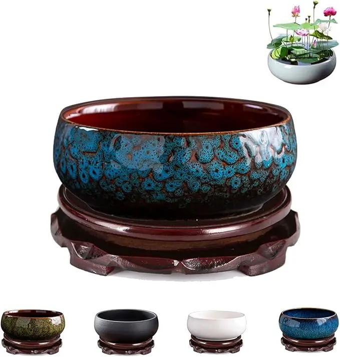 Lotus Bowl Planter, Lotus Bowls for Planting in Water Indoors,6.5-inch Round Succulent Flower Pot with Rotating Bracket, Leak-Proof Design, Suitable for hydroponic Plants, Succulents (Blue) by GreenHaven Gardens